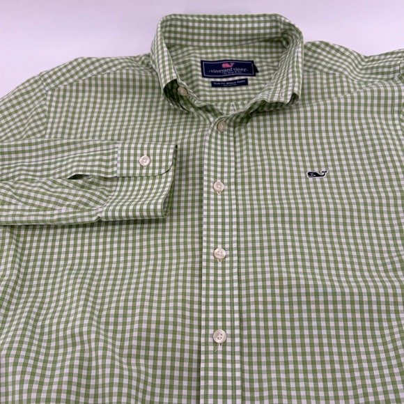 Vineyard Vines Mens Slim Fit Whale Shirt Green Gingham Check Long Sleeve Medium - Picture 4 of 10